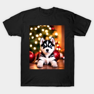 Tiny Husky Puppy Dog by Christmas Tree T-Shirt